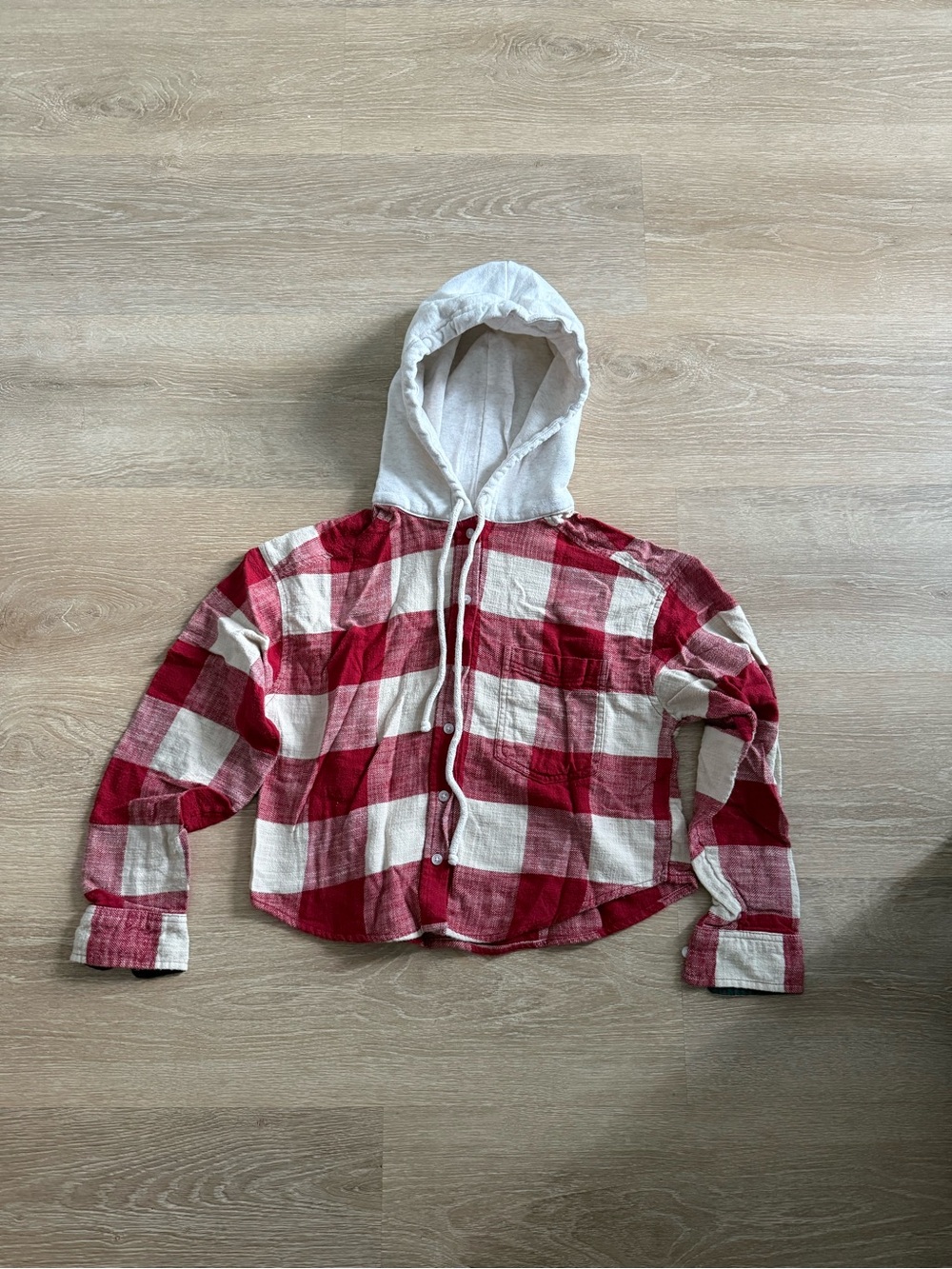 American Eagle Outfitters Red & Cream Plaid Hooded Button-Up